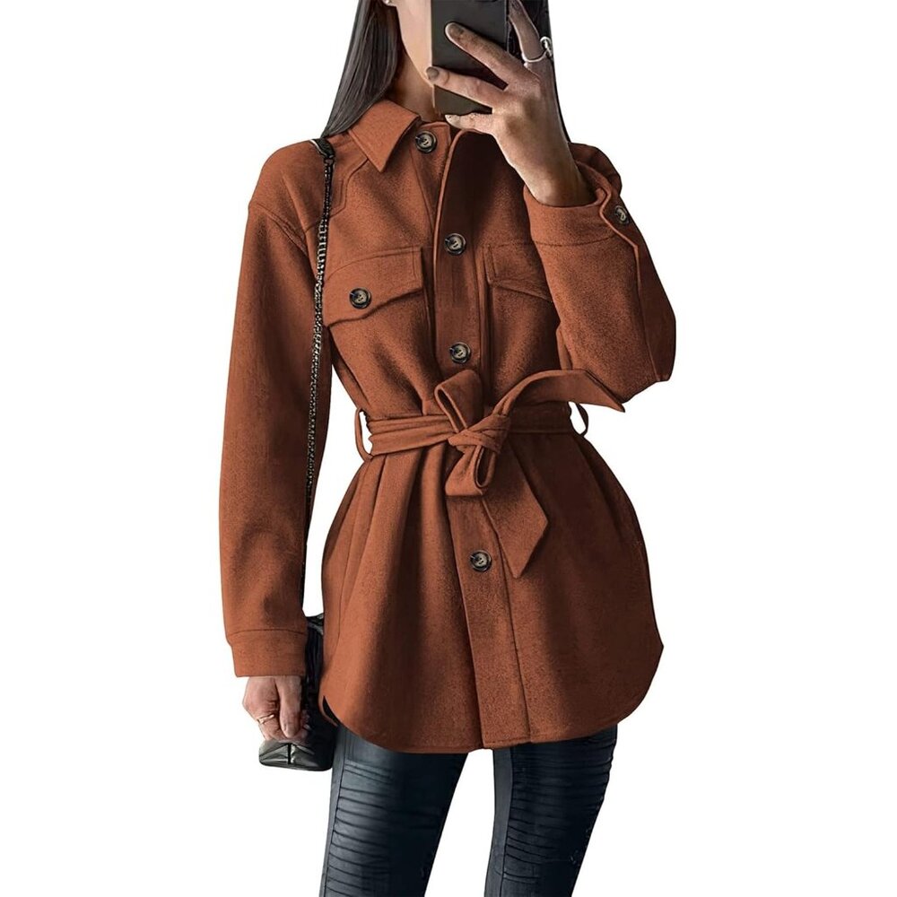 💫 Women Brown Casual Trench Coat Fall Fashion Winter Button Down Belted Peacoat